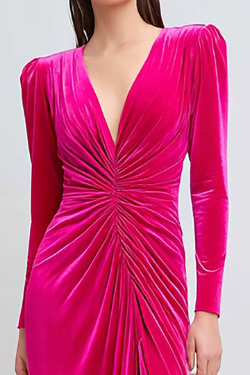 Fuchsia Velvet Sheath Ruched Long Formal Dress with Slit